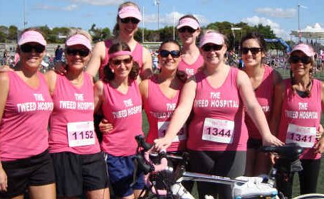 Going pink: Staff from The Tweed Hospital took part in the Ramsay Health Care Triathlon Pink All Women Series at Runaway Bay at the weekend. Going pink: Staff from The Tweed Hospital took part in the Ramsay Health Care Triathlon Pink All Women Series at Runaway Bay at the weekend.